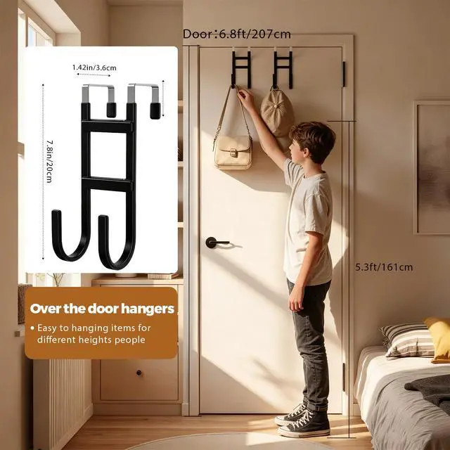 Alt view image 4 of 7 - Over-the-Door Hooks, 2 Pack Heavy Duty Door Hanger with Anti-Scratch Rubber for Hanging Coat, Towel, Bag, Fits 1-3/8" Interior Doors, Ideal for Bathroom, Living Room and Kitchen, Black