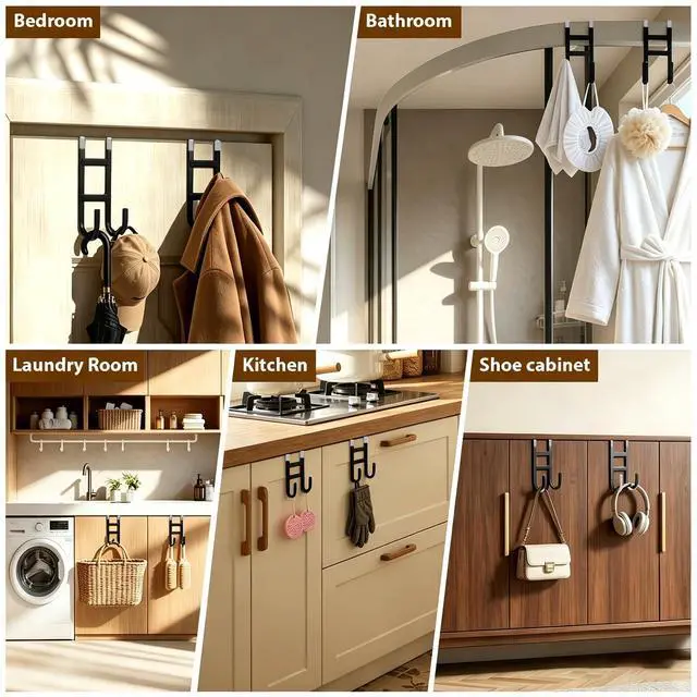 Alt view image 7 of 7 - Over-the-Door Hooks, 2 Pack Heavy Duty Door Hanger with Anti-Scratch Rubber for Hanging Coat, Towel, Bag, Fits 1-3/8" Interior Doors, Ideal for Bathroom, Living Room and Kitchen, Black