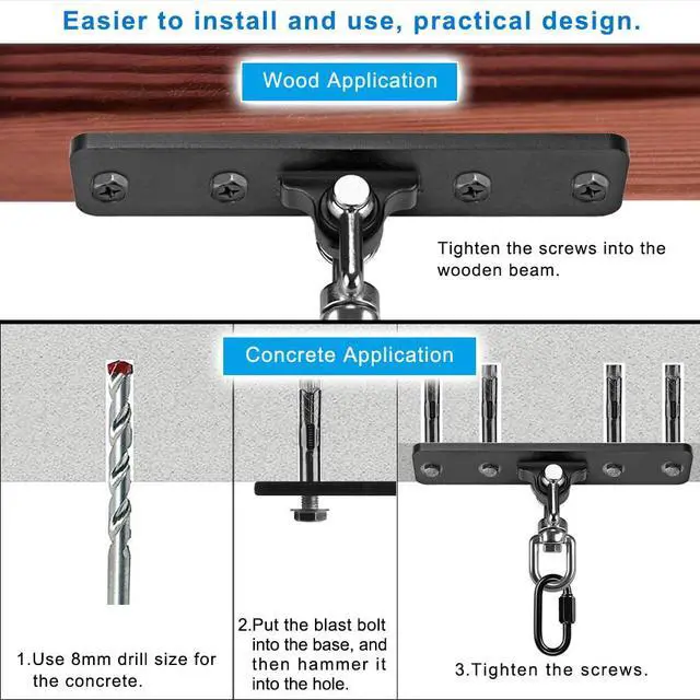 Alt view image 5 of 7 - Heavy Bag Hanger, Wall Ceiling Mount Hook 360° Rotation Wood Beam Holder Body Weight Strength Training Systems, Wood Beam Holder with Spring and 1 Carabiner, 5Wood Screws for Wooden Sets