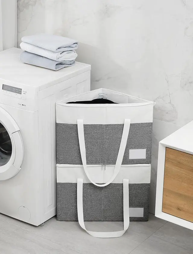 Alt view image 2 of 7 - 2-Pack Rigid Hanger Organizer Bags with Lid, Triangle Hanger Storage Organizers for Closet, Laundry Room, Wardrobe, Drying Rack, Dustproof Space Saving Holder, Grey & White