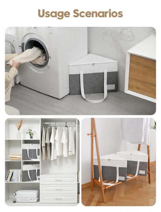 Alt view image 6 of 7 - 2-Pack Rigid Hanger Organizer Bags with Lid, Triangle Hanger Storage Organizers for Closet, Laundry Room, Wardrobe, Drying Rack, Dustproof Space Saving Holder, Grey & White