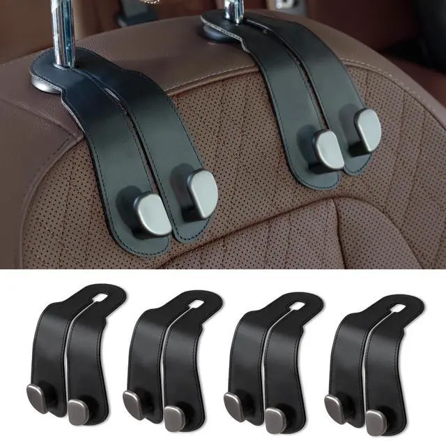 Main image of Purse Hook for Car - Universal Premium Stitched Leather and Aluminum-Magnesium Alloy Double Car Seat Back Storage Hook for Purses, Handbags, Bags (4 Pack),Black