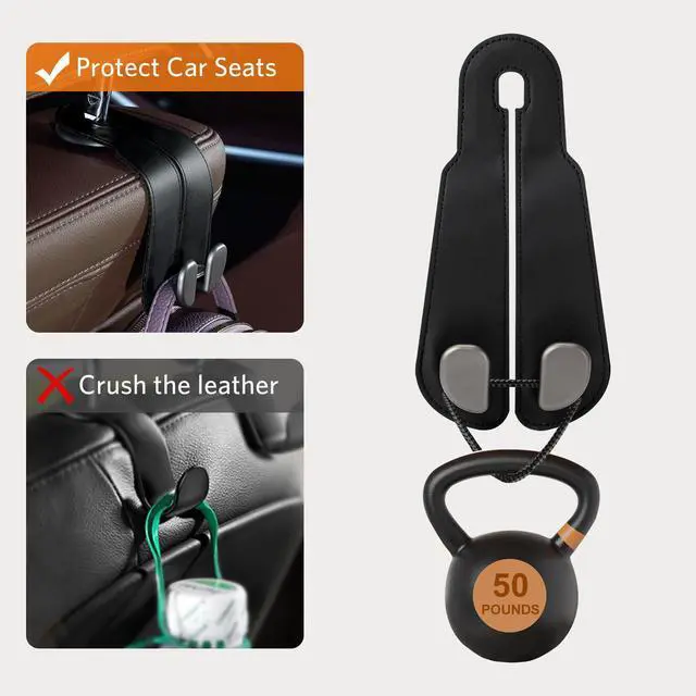 Alt view image 5 of 6 - Purse Hook for Car - Universal Premium Stitched Leather and Aluminum-Magnesium Alloy Double Car Seat Back Storage Hook for Purses, Handbags, Bags (4 Pack),Black