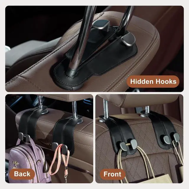 Alt view image 4 of 6 - Purse Hook for Car - Universal Premium Stitched Leather and Aluminum-Magnesium Alloy Double Car Seat Back Storage Hook for Purses, Handbags, Bags (4 Pack),Black