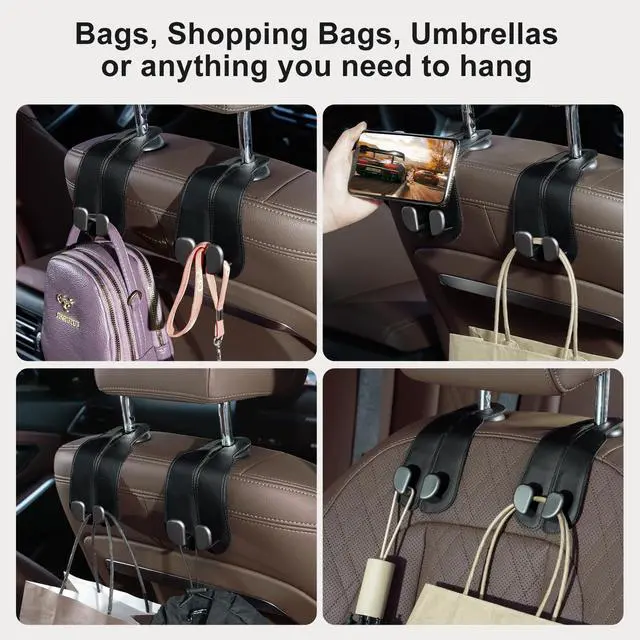 Alt view image 6 of 6 - Purse Hook for Car - Universal Premium Stitched Leather and Aluminum-Magnesium Alloy Double Car Seat Back Storage Hook for Purses, Handbags, Bags (4 Pack),Black