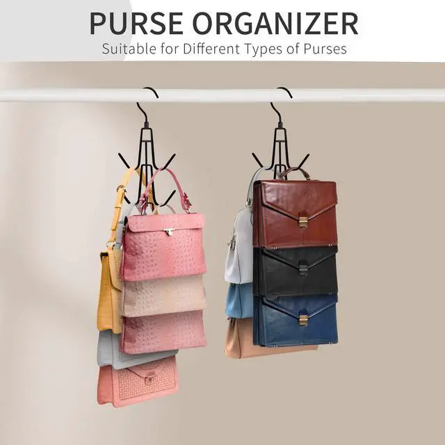 Alt view image 2 of 7 - Purse Hanger for Closet, 2 Pack Rotatable Organizer Bag Hanger Hook, Space Saving Closet Organizers and Storage for Bags, Backpacks, Handbags, Black