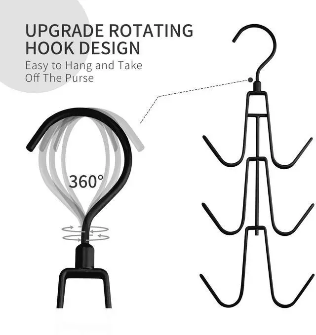 Alt view image 3 of 7 - Purse Hanger for Closet, 2 Pack Rotatable Organizer Bag Hanger Hook, Space Saving Closet Organizers and Storage for Bags, Backpacks, Handbags, Black