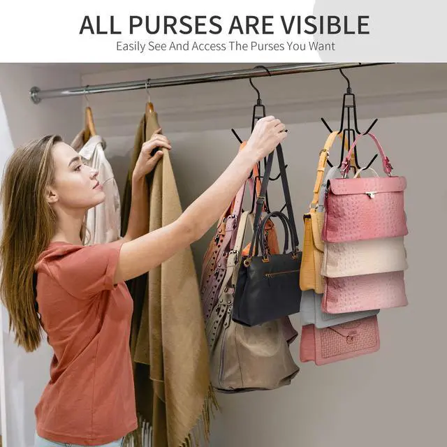 Alt view image 4 of 7 - Purse Hanger for Closet, 2 Pack Rotatable Organizer Bag Hanger Hook, Space Saving Closet Organizers and Storage for Bags, Backpacks, Handbags, Black