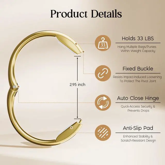 Alt view image 2 of 7 - Purse Hook for Table - Upgraded Snap-On Closure Design Bag Hanger - Heavy Duty Handbag Holder Holds 33 lbs - Portable Desk Hook for Purses, Bags, Backpacks in Restaurant, Office, Car (Gold)
