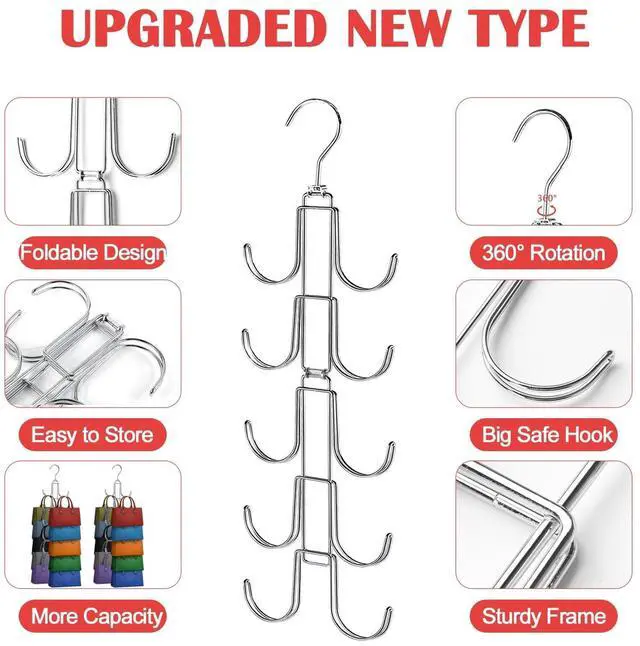 Alt view image 2 of 7 - Purse Hanger for Closet, Collapsible Metal Purse Organizer with 20 Big Hooks(2 Pack), 360° Rotation for Better Organizer&Display, Foldable Bag Hangers Space Saving for Handbag, Belt, Scarve, Tie