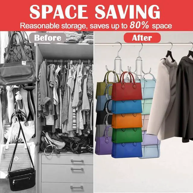 Alt view image 3 of 7 - Purse Hanger for Closet, Collapsible Metal Purse Organizer with 20 Big Hooks(2 Pack), 360° Rotation for Better Organizer&Display, Foldable Bag Hangers Space Saving for Handbag, Belt, Scarve, Tie