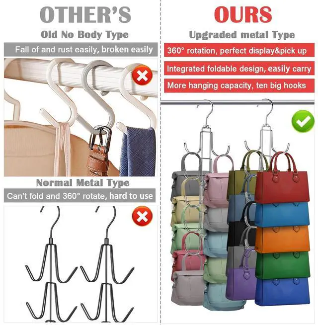 Alt view image 4 of 7 - Purse Hanger for Closet, Collapsible Metal Purse Organizer with 20 Big Hooks(2 Pack), 360° Rotation for Better Organizer&Display, Foldable Bag Hangers Space Saving for Handbag, Belt, Scarve, Tie
