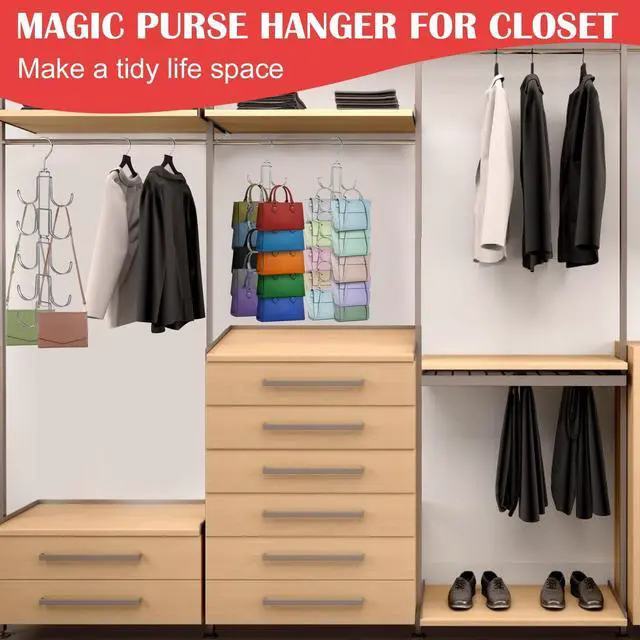 Alt view image 7 of 7 - Purse Hanger for Closet, Collapsible Metal Purse Organizer with 20 Big Hooks(2 Pack), 360° Rotation for Better Organizer&Display, Foldable Bag Hangers Space Saving for Handbag, Belt, Scarve, Tie