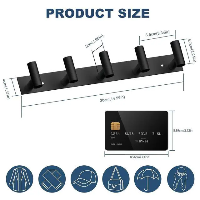 Alt view image 3 of 6 - Black Hat and Coat Wall Mount Rack 5 Hooks for Robes, Bags, Keys, and Towels Bathroom Towel Hanger Organizer (1 Pack)