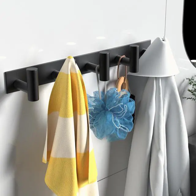 Alt view image 4 of 6 - Black Hat and Coat Wall Mount Rack 5 Hooks for Robes, Bags, Keys, and Towels Bathroom Towel Hanger Organizer (1 Pack)