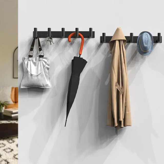 Alt view image 5 of 6 - Black Hat and Coat Wall Mount Rack 5 Hooks for Robes, Bags, Keys, and Towels Bathroom Towel Hanger Organizer (1 Pack)