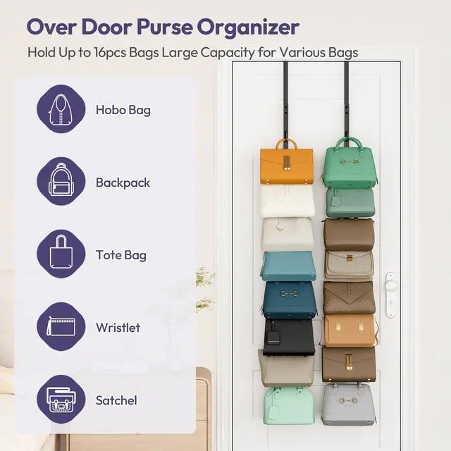 Alt view image 3 of 7 - Over The Door Purse Organizer - 2 Packs Wall Mounted Purse Rack with 8 Hooks Design, Hanging Handbag Organizer Storage Holds up to 16 Bags, Bag Rack for Closet, Door (Black)