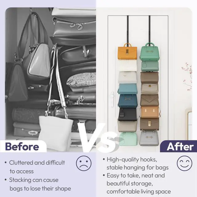 Alt view image 2 of 7 - Over The Door Purse Organizer - 2 Packs Wall Mounted Purse Rack with 8 Hooks Design, Hanging Handbag Organizer Storage Holds up to 16 Bags, Bag Rack for Closet, Door (Black)
