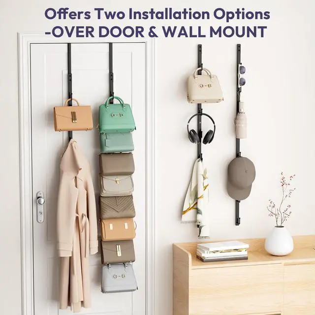 Alt view image 5 of 7 - Over The Door Purse Organizer - 2 Packs Wall Mounted Purse Rack with 8 Hooks Design, Hanging Handbag Organizer Storage Holds up to 16 Bags, Bag Rack for Closet, Door (Black)