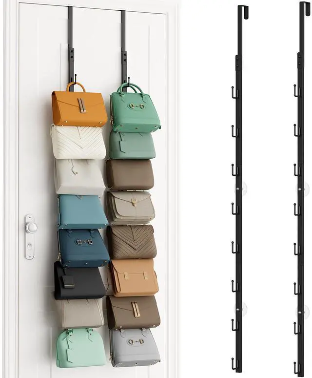 Main image of Over The Door Purse Organizer - 2 Packs Wall Mounted Purse Rack with 8 Hooks Design, Hanging Handbag Organizer Storage Holds up to 16 Bags, Bag Rack for Closet, Door (Black)