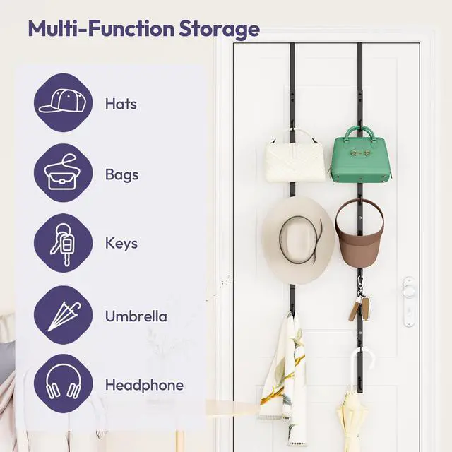 Alt view image 4 of 7 - Over The Door Purse Organizer - 2 Packs Wall Mounted Purse Rack with 8 Hooks Design, Hanging Handbag Organizer Storage Holds up to 16 Bags, Bag Rack for Closet, Door (Black)