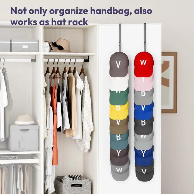 Alt view image 6 of 7 - Over The Door Purse Organizer - 2 Packs Wall Mounted Purse Rack with 8 Hooks Design, Hanging Handbag Organizer Storage Holds up to 16 Bags, Bag Rack for Closet, Door (Black)