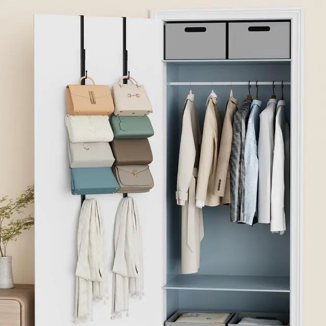 Alt view image 7 of 7 - Over The Door Purse Organizer - 2 Packs Wall Mounted Purse Rack with 8 Hooks Design, Hanging Handbag Organizer Storage Holds up to 16 Bags, Bag Rack for Closet, Door (Black)