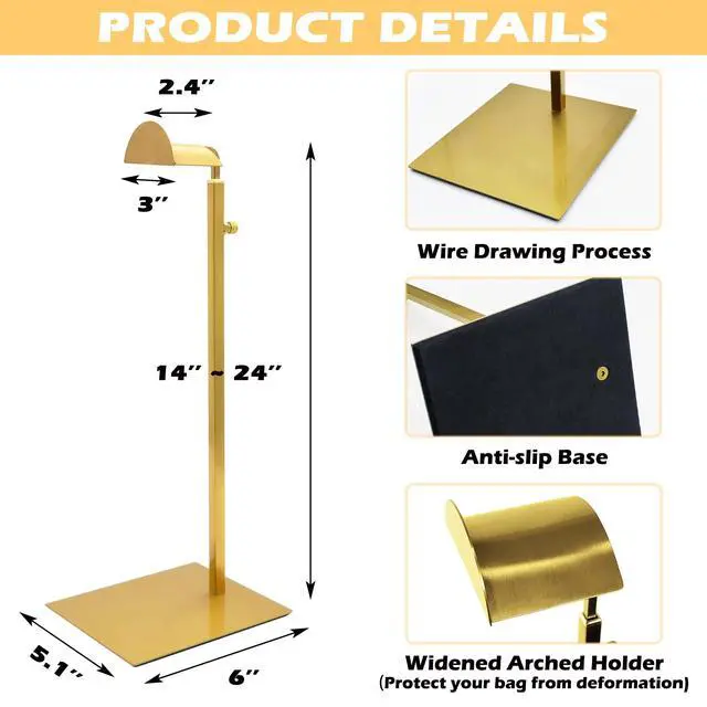 Alt view image 2 of 6 - 3 Pack Purse Holder, Purse Display Stand with Adjustable Height, Bag Stands for Display, Stainless Steel Purse Rack for Bags Organizer (Gold)