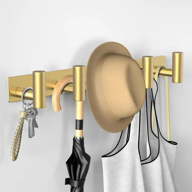 Alt view image 3 of 7 - Hat and Coat Wall Mount Rack - Hooks for Robes, Bags, Keys, and Towels - Bathroom Towel Hanger Organizer (Gold, T Shape 5 Hooks 1 Pack)