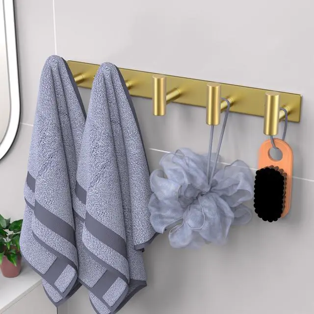 Alt view image 2 of 7 - Hat and Coat Wall Mount Rack - Hooks for Robes, Bags, Keys, and Towels - Bathroom Towel Hanger Organizer (Gold, T Shape 5 Hooks 1 Pack)