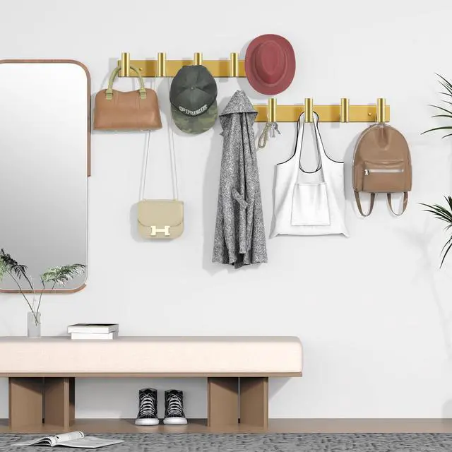 Alt view image 6 of 7 - Hat and Coat Wall Mount Rack - Hooks for Robes, Bags, Keys, and Towels - Bathroom Towel Hanger Organizer (Gold, T Shape 5 Hooks 1 Pack)
