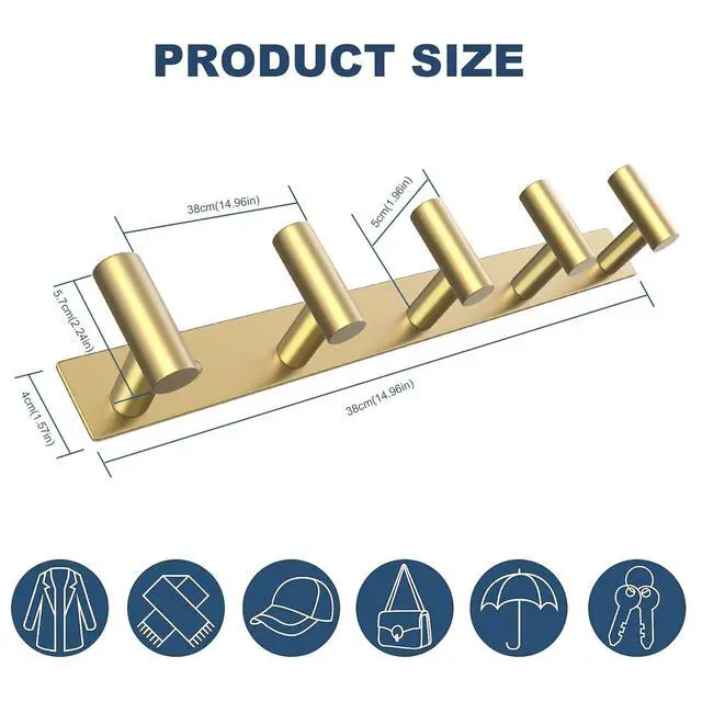 Alt view image 7 of 7 - Hat and Coat Wall Mount Rack - Hooks for Robes, Bags, Keys, and Towels - Bathroom Towel Hanger Organizer (Gold, T Shape 5 Hooks 1 Pack)