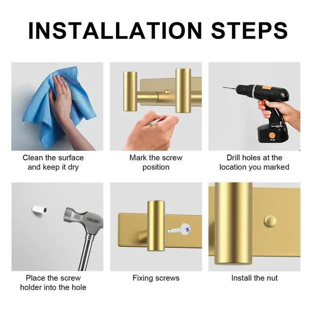 Alt view image 5 of 7 - Hat and Coat Wall Mount Rack - Hooks for Robes, Bags, Keys, and Towels - Bathroom Towel Hanger Organizer (Gold, T Shape 5 Hooks 1 Pack)