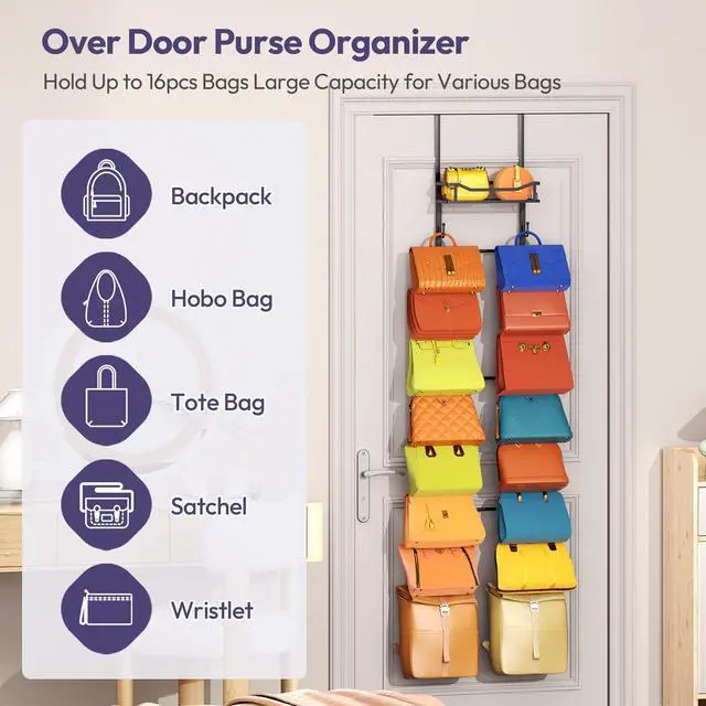 Alt view image 2 of 7 - Over The Door Purse Organizer - Wall Mounted Purse Rack with 16 Hooks and Metal Basket, Handbag Hanger Organizer Holds up to 16 Bags, Bag Rack Can Use As 1/2 Part, for Door, Closet