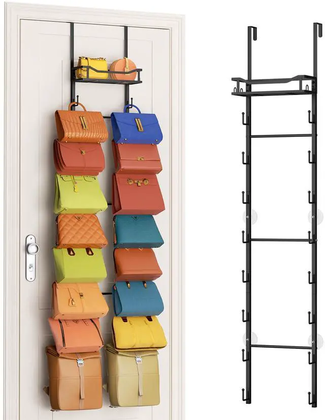 Main image of Over The Door Purse Organizer - Wall Mounted Purse Rack with 16 Hooks and Metal Basket, Handbag Hanger Organizer Holds up to 16 Bags, Bag Rack Can Use As 1/2 Part, for Door, Closet