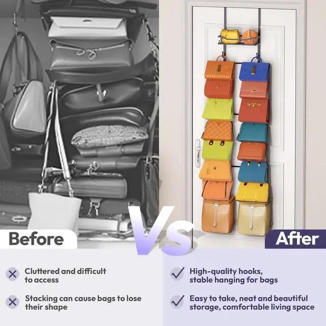 Alt view image 4 of 7 - Over The Door Purse Organizer - Wall Mounted Purse Rack with 16 Hooks and Metal Basket, Handbag Hanger Organizer Holds up to 16 Bags, Bag Rack Can Use As 1/2 Part, for Door, Closet
