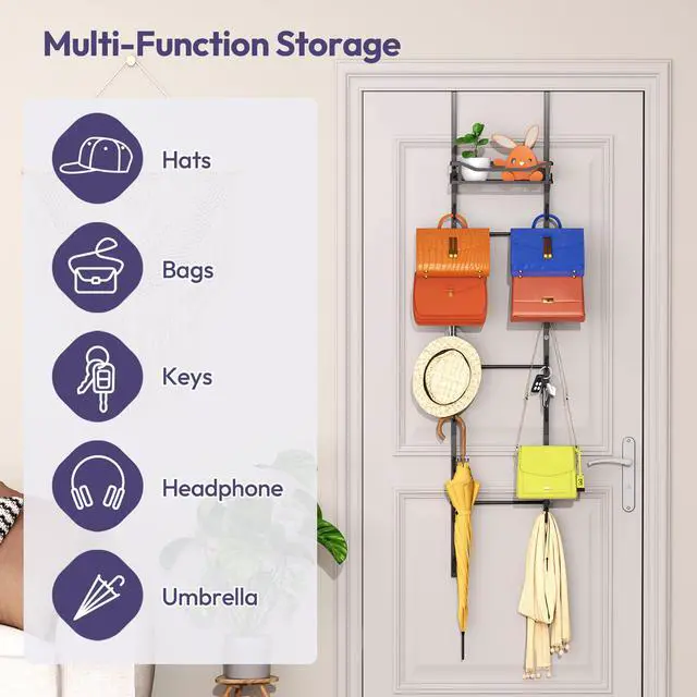 Alt view image 3 of 7 - Over The Door Purse Organizer - Wall Mounted Purse Rack with 16 Hooks and Metal Basket, Handbag Hanger Organizer Holds up to 16 Bags, Bag Rack Can Use As 1/2 Part, for Door, Closet