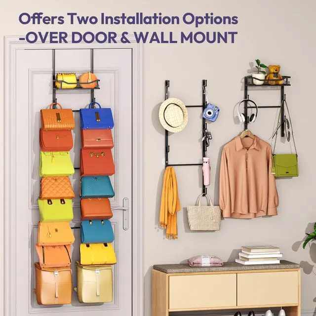 Alt view image 5 of 7 - Over The Door Purse Organizer - Wall Mounted Purse Rack with 16 Hooks and Metal Basket, Handbag Hanger Organizer Holds up to 16 Bags, Bag Rack Can Use As 1/2 Part, for Door, Closet