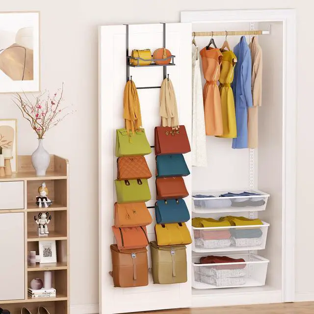 Alt view image 6 of 7 - Over The Door Purse Organizer - Wall Mounted Purse Rack with 16 Hooks and Metal Basket, Handbag Hanger Organizer Holds up to 16 Bags, Bag Rack Can Use As 1/2 Part, for Door, Closet