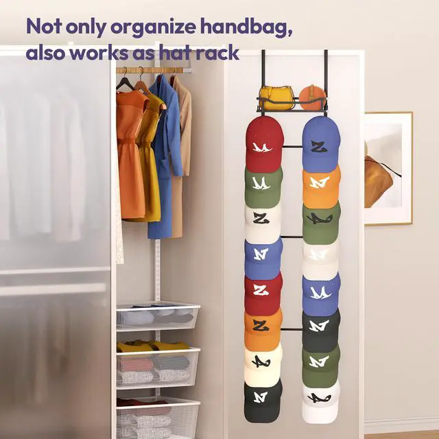 Alt view image 7 of 7 - Over The Door Purse Organizer - Wall Mounted Purse Rack with 16 Hooks and Metal Basket, Handbag Hanger Organizer Holds up to 16 Bags, Bag Rack Can Use As 1/2 Part, for Door, Closet