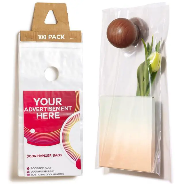 Main image of Door Hanger Bags 6 x 12 - Waterproof and Secure 100 Pack Perfect Display for Your Advertisement Plastic Door Hanger Bags