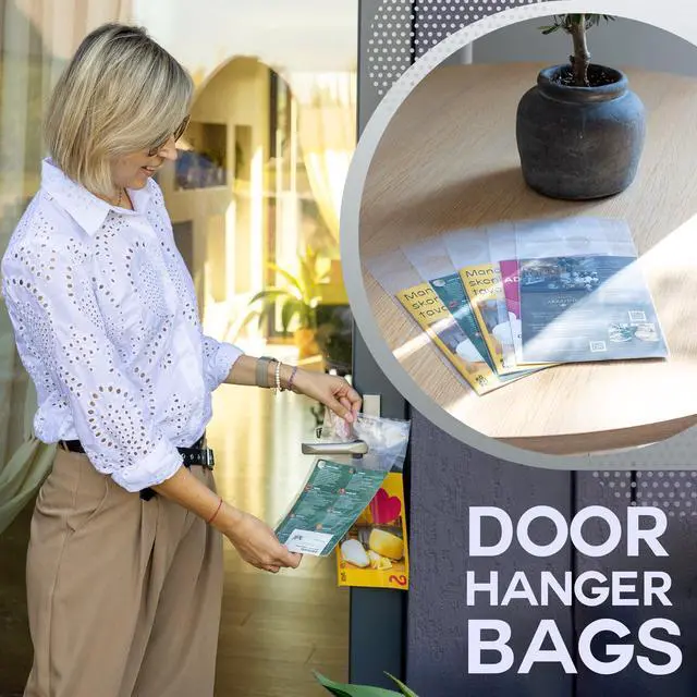 Alt view image 2 of 6 - Door Hanger Bags 6 x 12 - Waterproof and Secure 100 Pack Perfect Display for Your Advertisement Plastic Door Hanger Bags