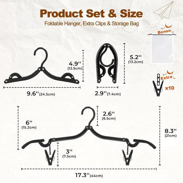 Alt view image 7 of 7 - 10 Pack Travel Hangers with Clips, Cruise Essentials 2026, Black Foldable Hangers for Pants Skirt, Lightweight Portable Collapsible Clothes Hangers Space Saving Set for Hotel, RV, Dorm