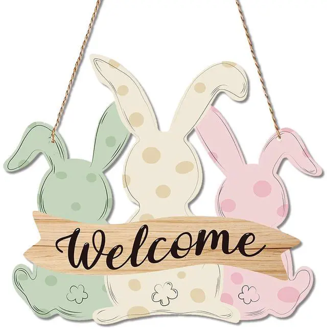 Main image of Easter Decorations Door Sign,Wooden Cute Bunny Welcome Easter Door Hanger Easter Door Wreath Hanging Ornament Plaque Rabbit Sign for Farmhouse Home Front Door Porch Wall Window Garden Spring Decor