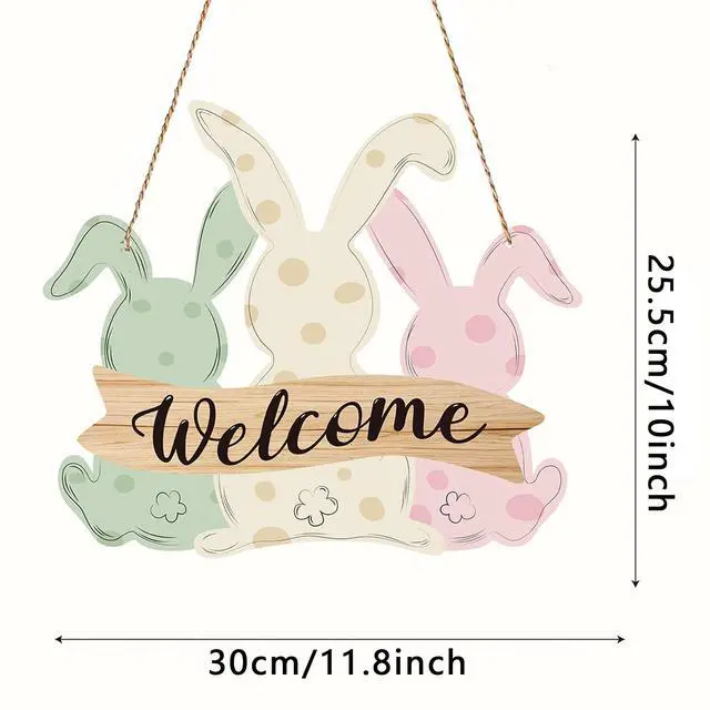 Alt view image 2 of 7 - Easter Decorations Door Sign,Wooden Cute Bunny Welcome Easter Door Hanger Easter Door Wreath Hanging Ornament Plaque Rabbit Sign for Farmhouse Home Front Door Porch Wall Window Garden Spring Decor