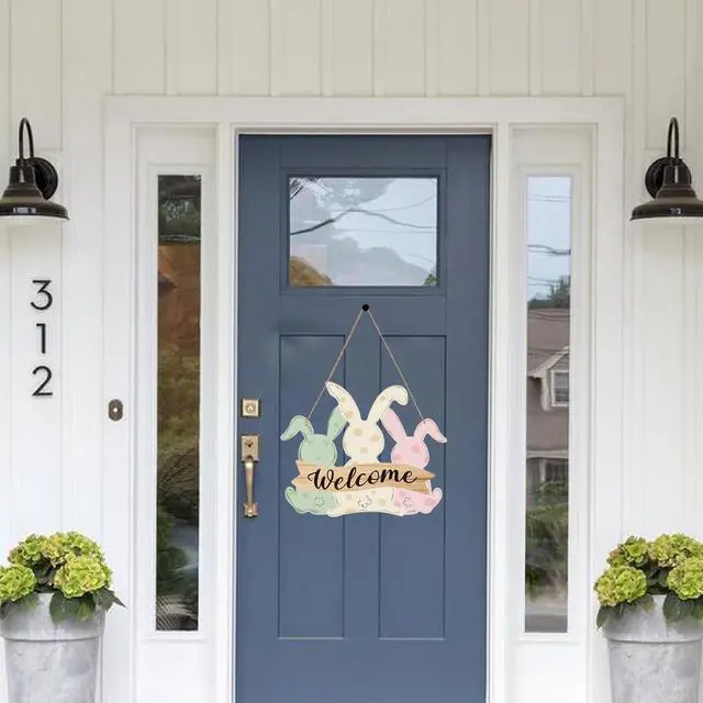 Alt view image 3 of 7 - Easter Decorations Door Sign,Wooden Cute Bunny Welcome Easter Door Hanger Easter Door Wreath Hanging Ornament Plaque Rabbit Sign for Farmhouse Home Front Door Porch Wall Window Garden Spring Decor