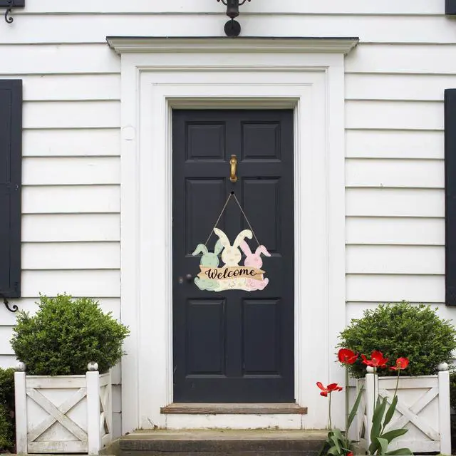 Alt view image 5 of 7 - Easter Decorations Door Sign,Wooden Cute Bunny Welcome Easter Door Hanger Easter Door Wreath Hanging Ornament Plaque Rabbit Sign for Farmhouse Home Front Door Porch Wall Window Garden Spring Decor