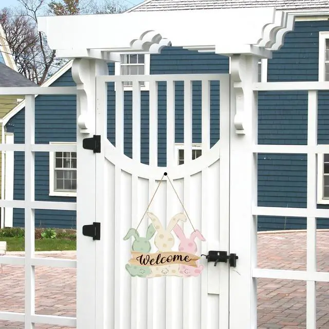 Alt view image 6 of 7 - Easter Decorations Door Sign,Wooden Cute Bunny Welcome Easter Door Hanger Easter Door Wreath Hanging Ornament Plaque Rabbit Sign for Farmhouse Home Front Door Porch Wall Window Garden Spring Decor