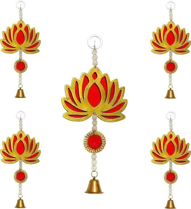 Main image of Decorative Hanging Lotus Bell Toran Traditional Wall Door Hanging with Beads and Bell Pack of 5 Ideal for Festival, Pooja Room, Home Decor & Gifting (Red)