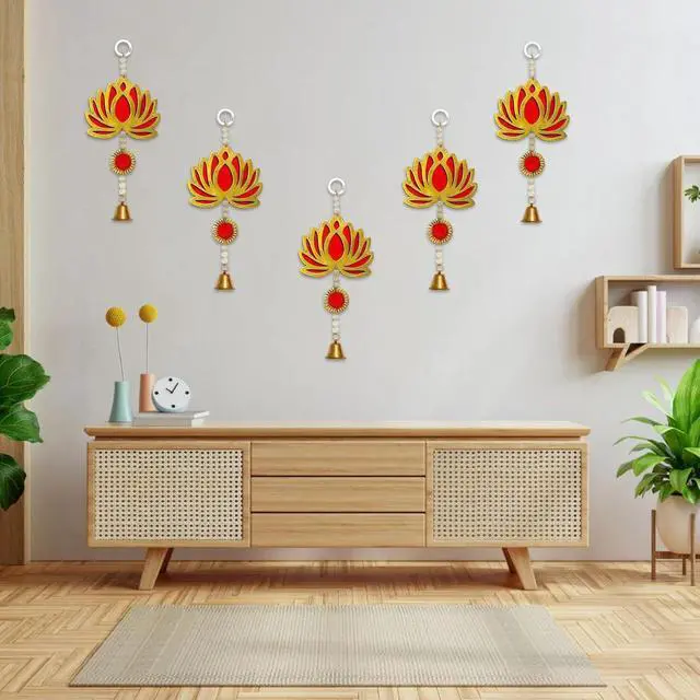 Alt view image 2 of 4 - Decorative Hanging Lotus Bell Toran Traditional Wall Door Hanging with Beads and Bell Pack of 5 Ideal for Festival, Pooja Room, Home Decor & Gifting (Red)